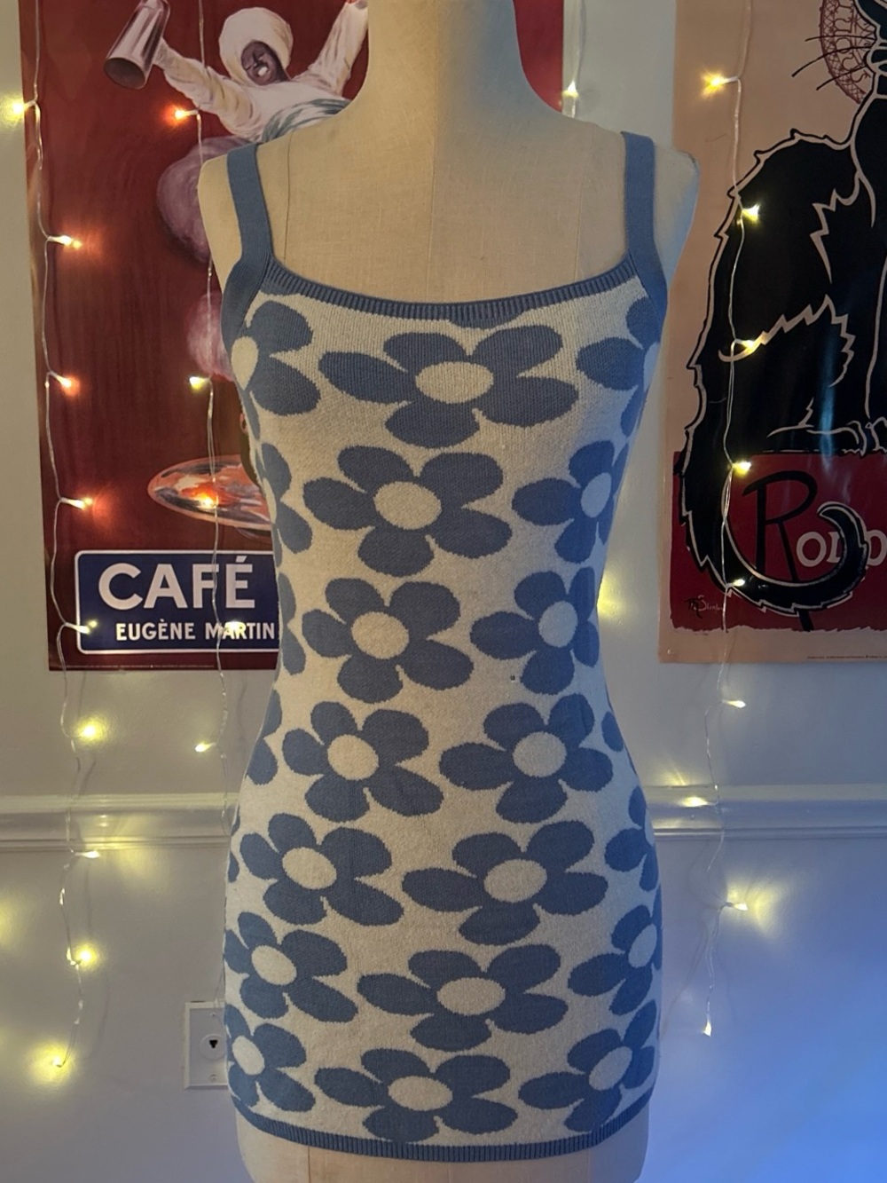 Blue Floral Knit Mini Dress - Sleeveless Square Neck